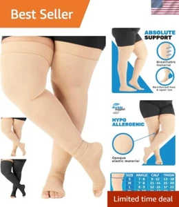 Plus Size Toeless Compression Thigh High 20-30mmHg for Travel & Recovery - Beige - Picture 1 of 9