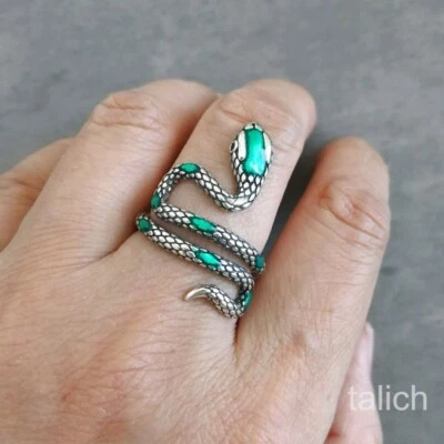925 Sterling Silver Green Enamel Snake Serpent Ring Adjustable Unique Gothic - Image 1 of 4