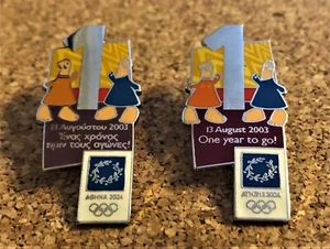 ATHENS 2004 OLYMPIC GAMES. COUNTDOWN PINS. MASCOTS. 1 YEAR 2 GO. ENGLISH & GREEK - Picture 1 of 1