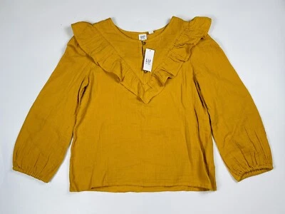 Gap Kids Girls Sz XL 12 Ruffle Front Long Sleeve Gold Muslin Top NWT - Image 1 of 4