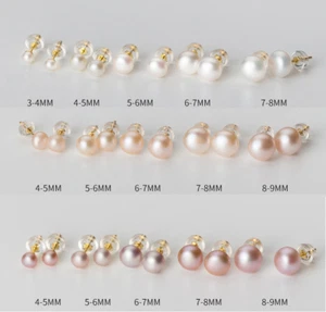 14K Gold Freshwater Cultured Pearl Button Stud Earrings 925 Sterling Silver Set - Picture 1 of 16