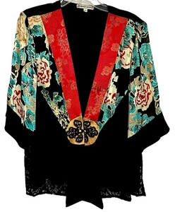 Vintage Spencer Alexis Kimono Top Silk Blend Lace Black MultiColor Floral Size L - Picture 1 of 10