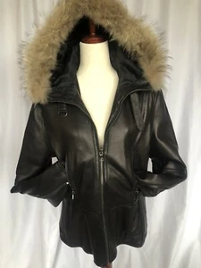 Parka para mujer LIZ CLAIBORNE con capucha de cuero/piel negra, grande - Imagen 1 de 11
