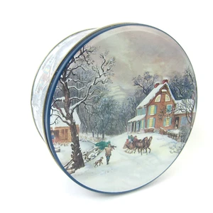 Vintage Currier & Ives Round Metal Tin American Homestead Winter Horse Sleigh - Picture 1 of 10
