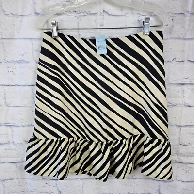 NUEVO CON ETIQUETAS Falda Ann Taylor Talla 4P Pequeña Negra/Crema Rayas Estampado Animal Volantes Dobladillo Foto 1 de 4