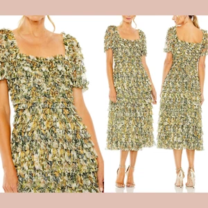 Nuevo con etiquetas Vestido Midi Mac Duggal [10] 8232 Floral Escote Cuadrado Volantes Dorado #J1863 - Imagen 1 de 13