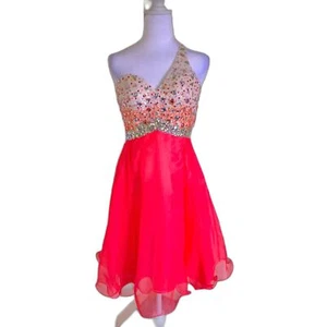 Vintage Deb One-Shoulder-Kleid korallenrosa Pailletten Perlen 4 Glamour Party Abschlussball Y2K - Bild 1 von 8