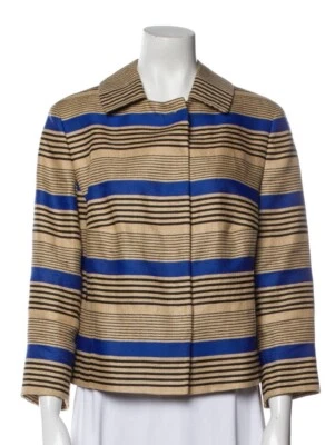 AKRIS Punto Sz 12 Gold Blue Striped Blazer Snap On Jacket Pockets Linen Flax Bld - Изображение 1 из 4
