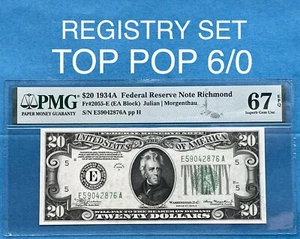 GEM UNC “REGISTRY TOP POP 6/0” 1934A $20 FRN FR#2055-E PMG 67 EPQ EA Block - Picture 1 of 3