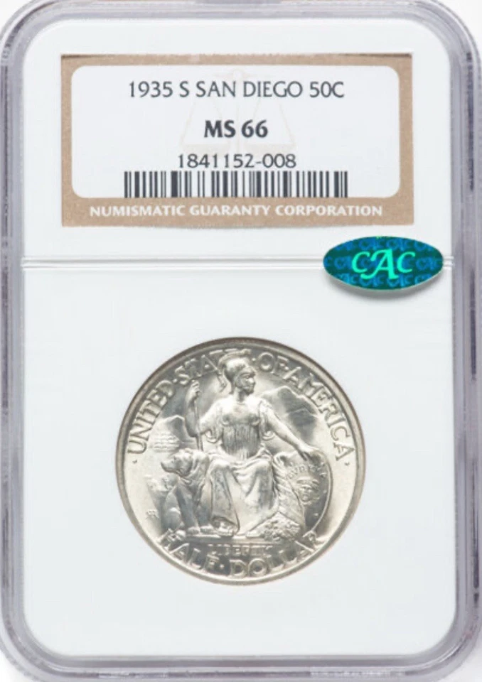 1935-S SAN DIEGO 50C Commemorative Silver Half Dollar-NGC MS 66 CAC-Blast White  - Image 1 of 2