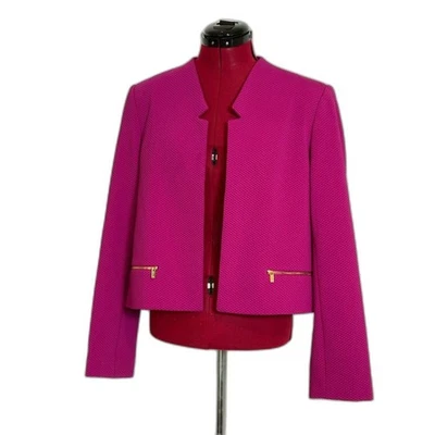 Calvin Klein Textured Blazer Size 14 Fuchsia Open Front Gold Zippered Pockets - Image 1 of 4