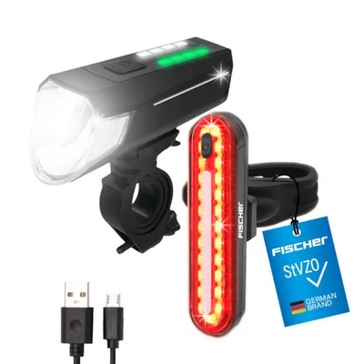Fahrradbeleuchtung FISCHER Akku Leuchte LED USB 80 Lux Bremslicht Stableuchte - Bild 1 von 4