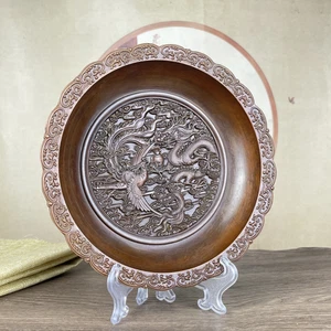 Chinese Antique Bronze Relief Plate Dragon Phoenix Plate Decoration Ornament - Picture 1 of 6