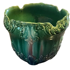 Hermosa maceta de cerámica antigua mayólica Jardiniere mezcla esmalte por goteo - Imagen 1 de 19