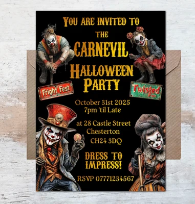 Personalised Halloween 'CARNEVIL' Circus Invitations & Kraft Brown Envelopes - Image 1 of 4
