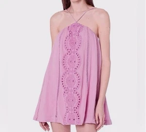 Free People Paloma Pink Speak Eyelet Cotton Boho Preppy Dress Womens Size Medium - Picture 1 of 10