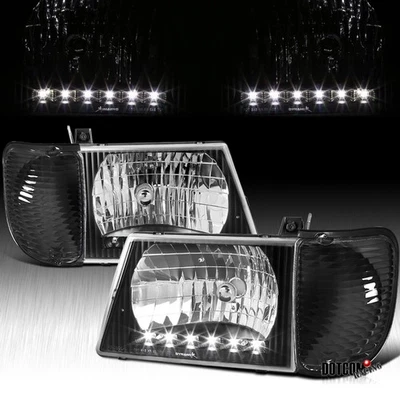Fit 1992-2006 Ford E150 Econoline LED Strip Black Headlights+Signal Corner Lamps - Image 1 of 4