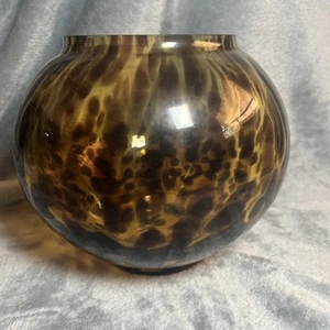 Tortoise Shell Glass Vase Amber Brown Fishbowl Leopard Spots MCM - Picture 1 of 6