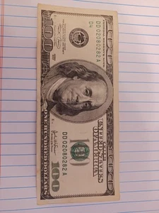 2003 ONE HUNDRED DOLLAR BILL FANCY SERIAL NUMBER DD02080282A NICE CONDITION - Picture 1 of 8