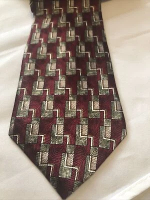 Albert Nipon Mens Necktie Burgundy/ Green/Tan Elegant 100% Silk Made In USA (90) - Image 1 of 4