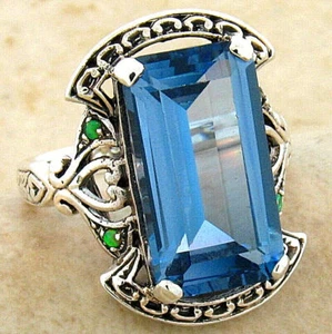 ANTIQUE STYLE 925 STERLING SILVER 8 CT SIM AQUAMARINE & OPAL RING           499z - Picture 1 of 3