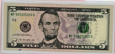 $5 FRN Series 2013 Atlanta Fancy MF 50505020 D LOW SUM 17 TRINARY 3PAIR4 OF KIND - Image 1 of 3