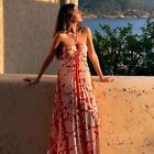 Pleated Print Slip Long Dress Open Back Backless Maxi Dress  Beach Outfit