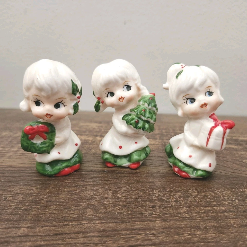 Vintage Napco? Miniature Mini Christmas Girls Wreath Tree Present Set Of 3  - Image 1 of 4