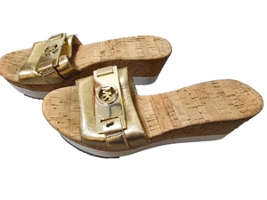 Michael Kors Womens Cork Platform Monogram Gold Logo Wedges Sandals Size 8 - Picture 1 of 6