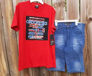 Set accademici ragazzo ~ pantaloncini jeans e camicia rosso bianco blu M/L/XL nuovi con etichette - Foto 1 di 6