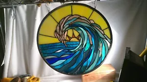 Tiffany Style Stained Glass Panel, Surf & Sun, Round, 13.25" - Picture 1 of 6