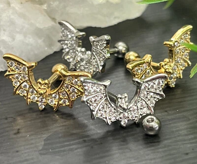 1pc CZ Gem Paved Bat Wings Surgical Steel Tragus Cartilage Barbell Ring 16g 1/4 - Image 1 of 4