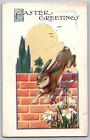 Easter Greetings - Jumping Bunny Rabbit in the Wall - Vintage Postcard, Unposted