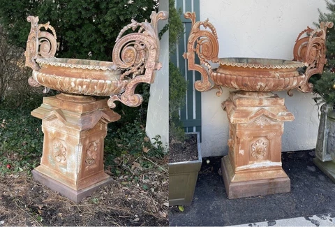 Monumental Pair Of Fisk VICTORIAN CAST IRON GARDEN URNS 68” H X 56” W  Rare Cover