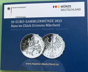 Alemania 20 euros moneda de plata 2023 Grimm cuento de hadas Hans Im Happune PP Proof - Imagen 1 de 3