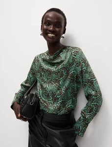 M&S Satin Animal Print Blouse Size 18 NEW Green Black Leopard Cowl Neck - Picture 1 of 19