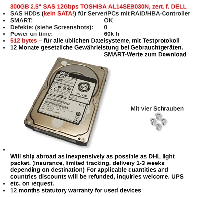 HDDs 300GB 2,5" SAS 12Gbps 10k TOSHIBA AL14SEB030N SFF ~60k - Bild 1 von 4