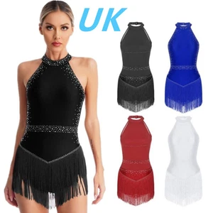 AU Women Halter Fringed Latin Jazz Dance Dress Shiny Rhinestone Tassel Leotard - Picture 1 of 58