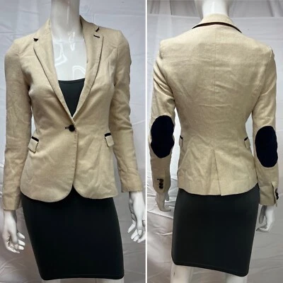 Women's Zara Basic Beige Navy Blue Elbow Paches Wool Blend XS Blazer Jacket - Image 1 of 4