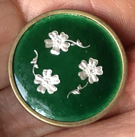 ANTIQUE FRENCH GILT GREEN GLASS ENAMEL BUTTON w/SILVER POSY PAILLONS Cover