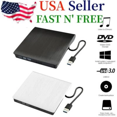 Slim External Drive USB 3.0 Disc Player CD DVD Burner Writer For Laptop PC Mac - Image 1 of 4