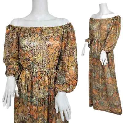Metallic Harold Levine 1970's Orange Brown Sequin Long Peasant Maxi Dress I S - Image 1 of 4