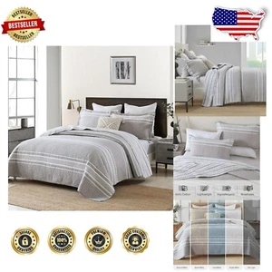 Breathable Cotton 3-Piece King Size Bedding Set – Stylish Gray/White Stripes - Picture 1 of 11