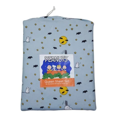 Peanuts Snoopy Halloween Fall Queen Sheets By Berkshire Ghosts Bats Stars Blue - Image 1 of 4
