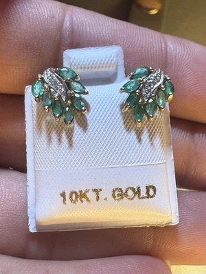 10K Solid Yellow Gold Earrings Leaf Flower Green Emerald Diamond Gemstones - Image 1 of 4