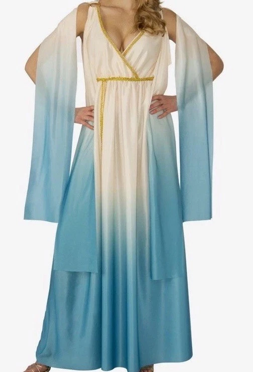 FATO COSPLAY DEUSA EGÍPCIA ROMANA HALLOWEEN AZUL CREME TAMANHO M/G CABEÇA DOURADA - Imagem 1 de 4
