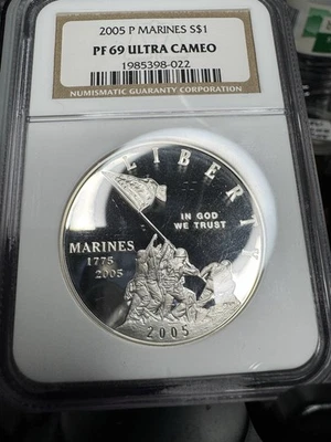 2005-P $1 Marines SILVER Commemorative Dollar, NGC PF69 ULTRA CAMEO - Image 1 of 2