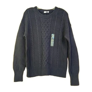 NEW! Gap Men's Solid Cotton Cable Knit Fisherman Crew Neck in Black, Size Small - Picture 1 of 7