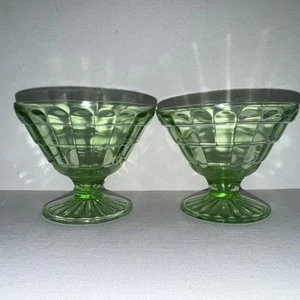 Anchor Hocking Uranium Glass Block Optic Sherbets (2) Depression Green - Picture 1 of 5