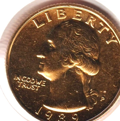 Very Nice 1989 US Washington 24k Gold Plated Quarter Dollar Collection Coin USA - Image 1 of 2